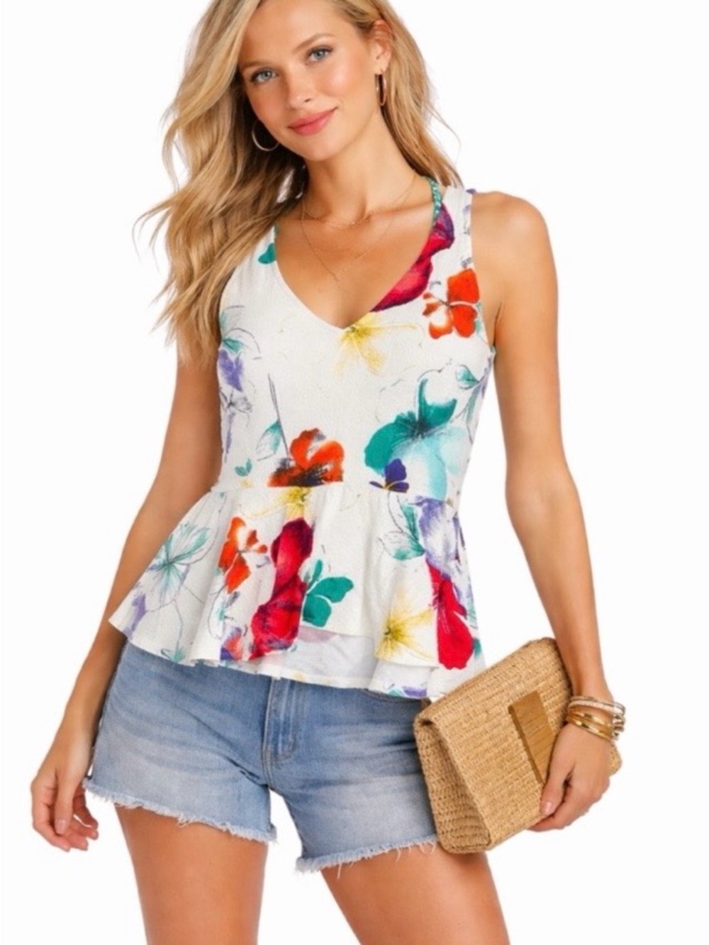 Anthropologie White Floral V-Neck Peplum Tank